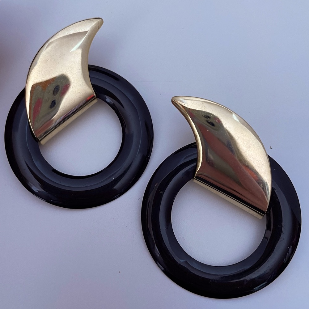 Vintage Gold Tone Black Plastic Art Deco Holiday Disco Oversized Hoop Earrings